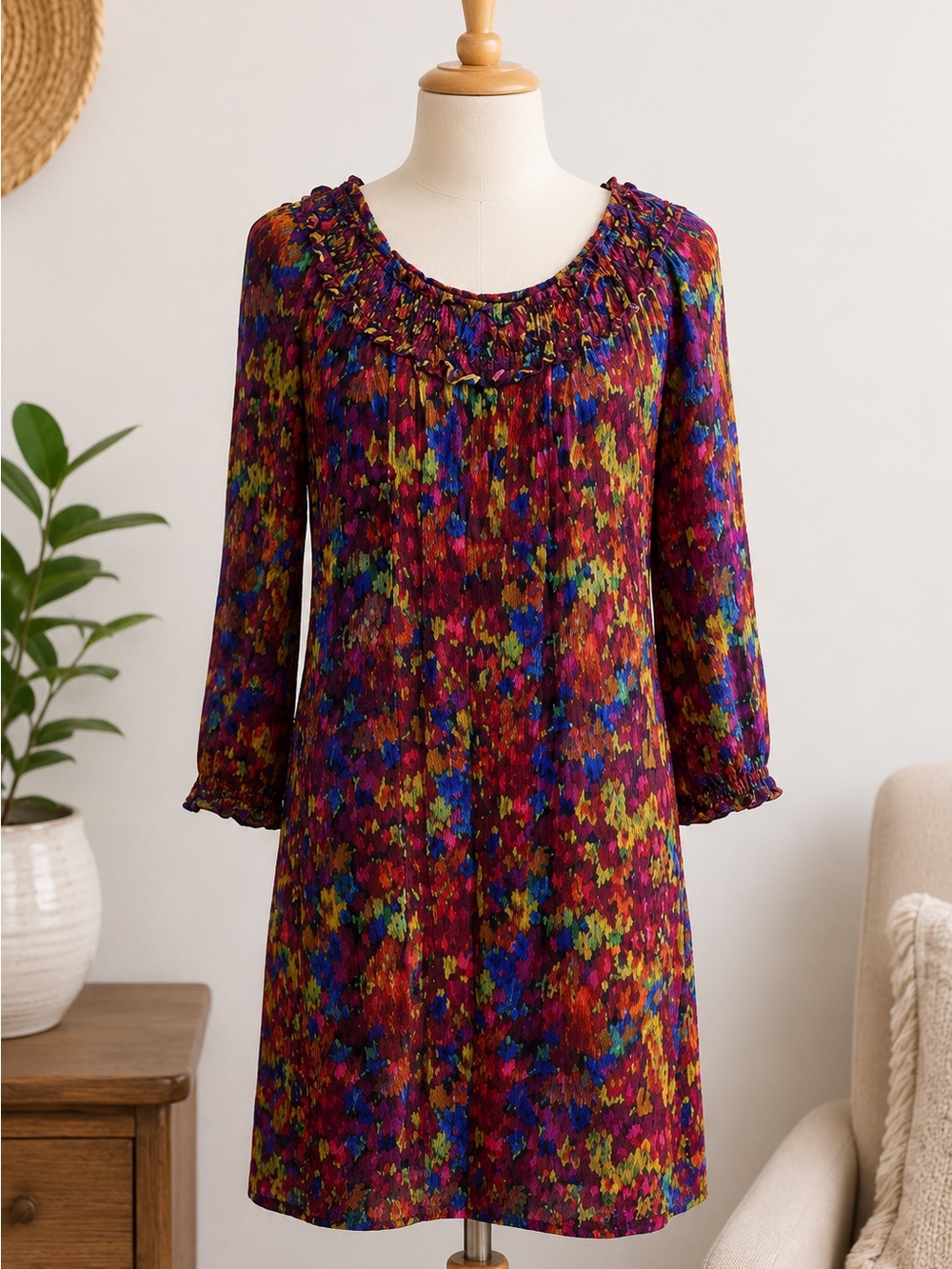London Times Floral Print Shift Dress Long Sleeve Ruffle Neck Women's M